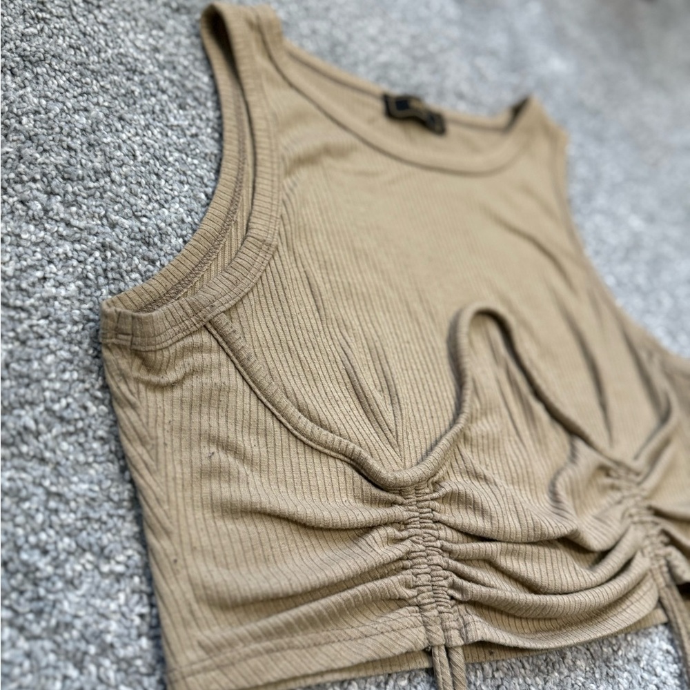 Tan Ribbed Ruched Crop Tank Top
